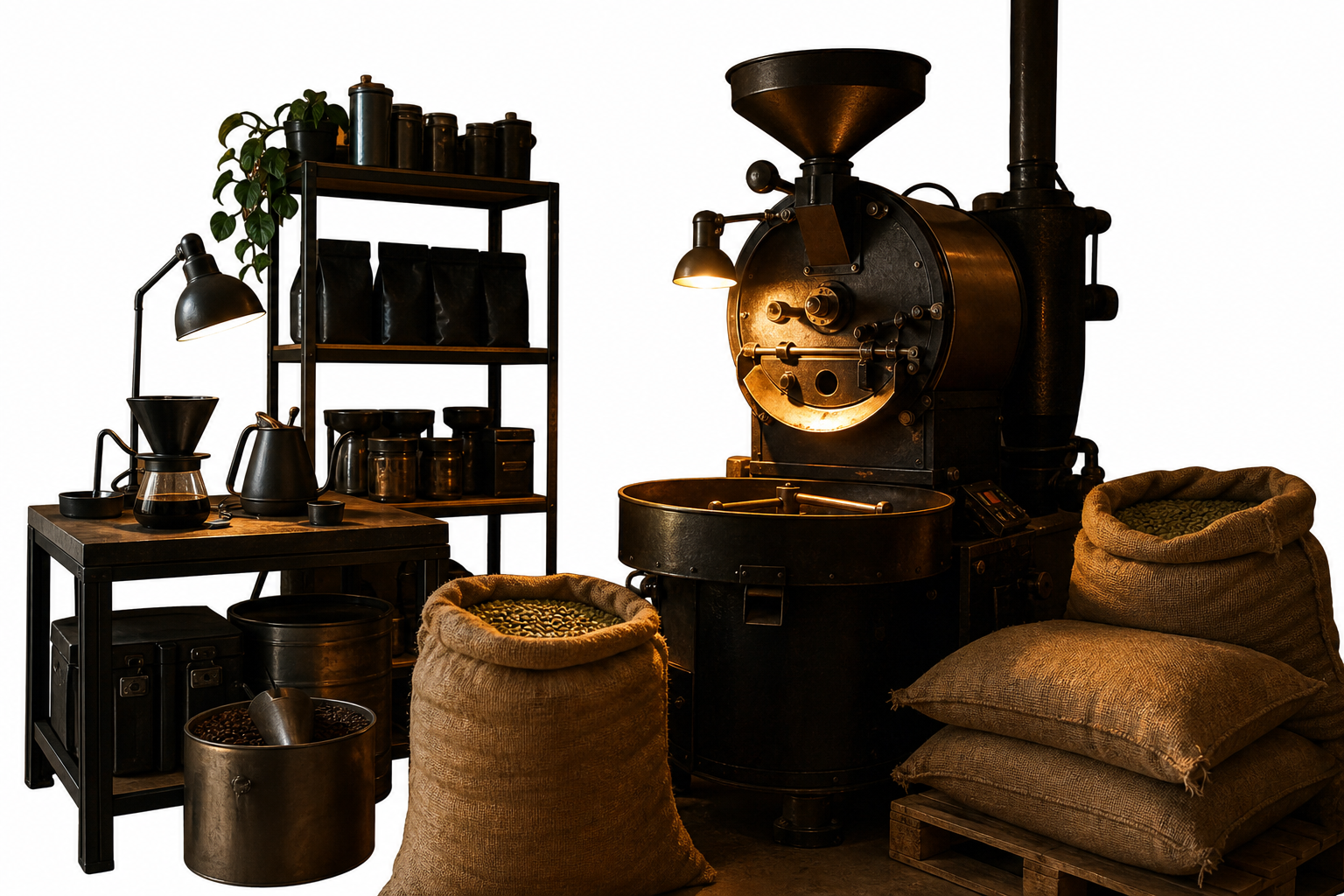 Inside the Midnight Coffee roastery at night — copper drum roaster under a single warm lamp